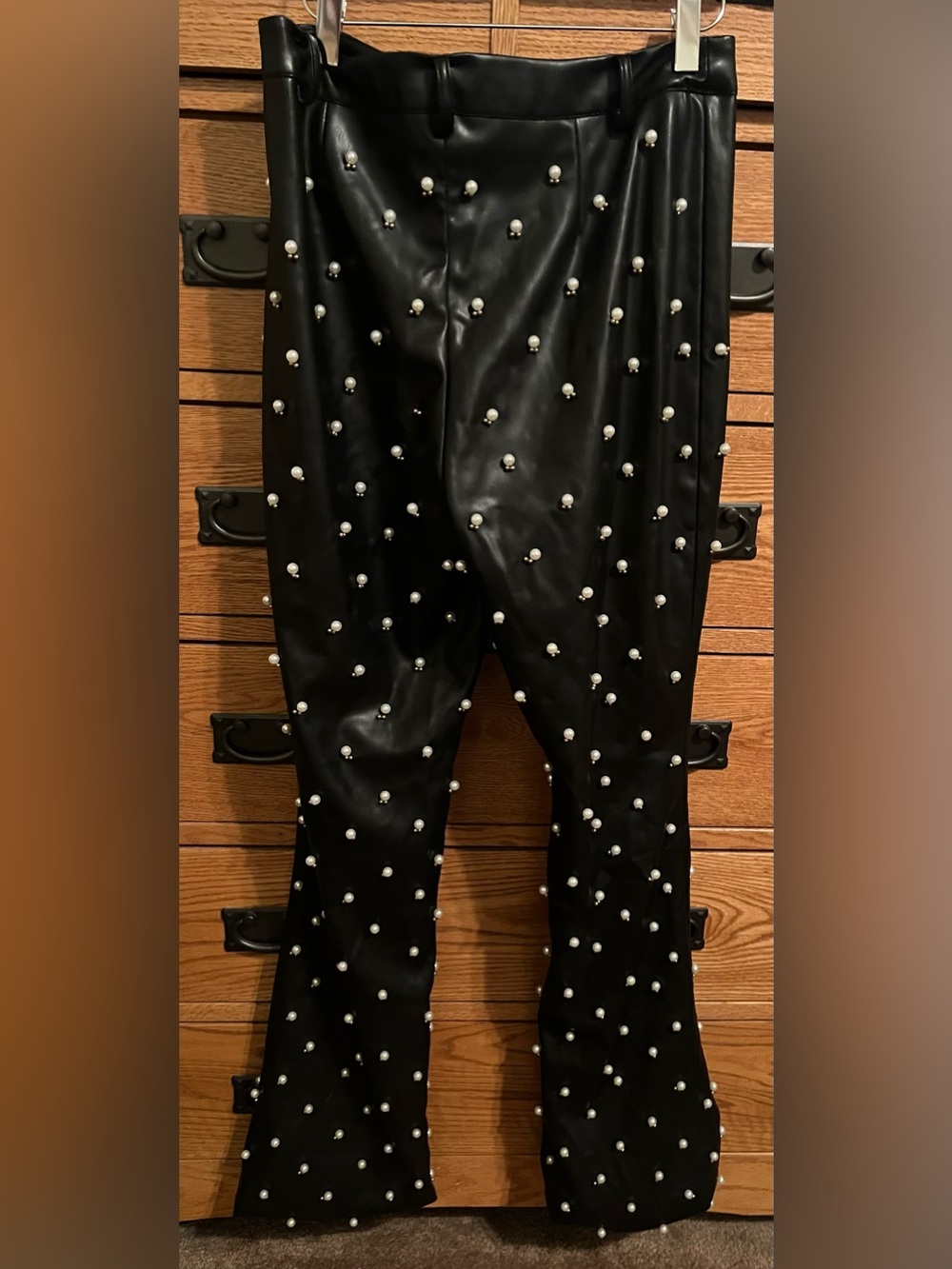 Black Pearl-Embellished Faux Leather Pants
